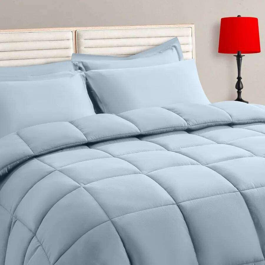 Light Blue Full Size Comforter Set - 7 Pieces Bed in a Bag Bedding with All Season Soft Quilted Warm Fluffy Reversible Comforte W260302