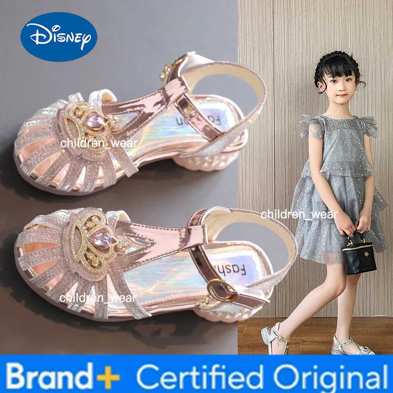 Disney Girls Princess Sandals 2024 New Summer Crown Baby Soft Sole Childrens Crystal Shoes H260303