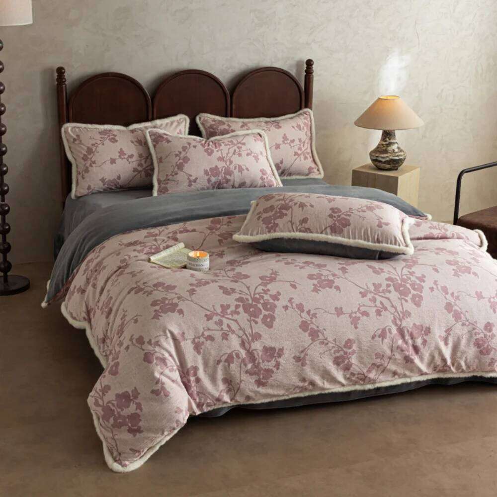 Retro Cotton Linen Thickened Milk Velvet Four-Piece Winter Warm Bedding Set Floral Printed Quilt Cover Pillowcase Bed Sheet W260302