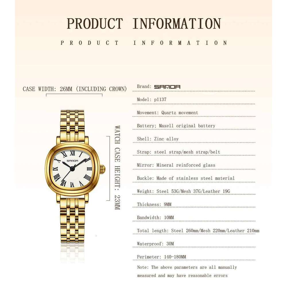 SANDA 1137 Women Quartz Watch Fashion Elegant Rose Gold Simple Roman Analog Display Stainless Steel Strap Wristwatch for Ladies XJ260303