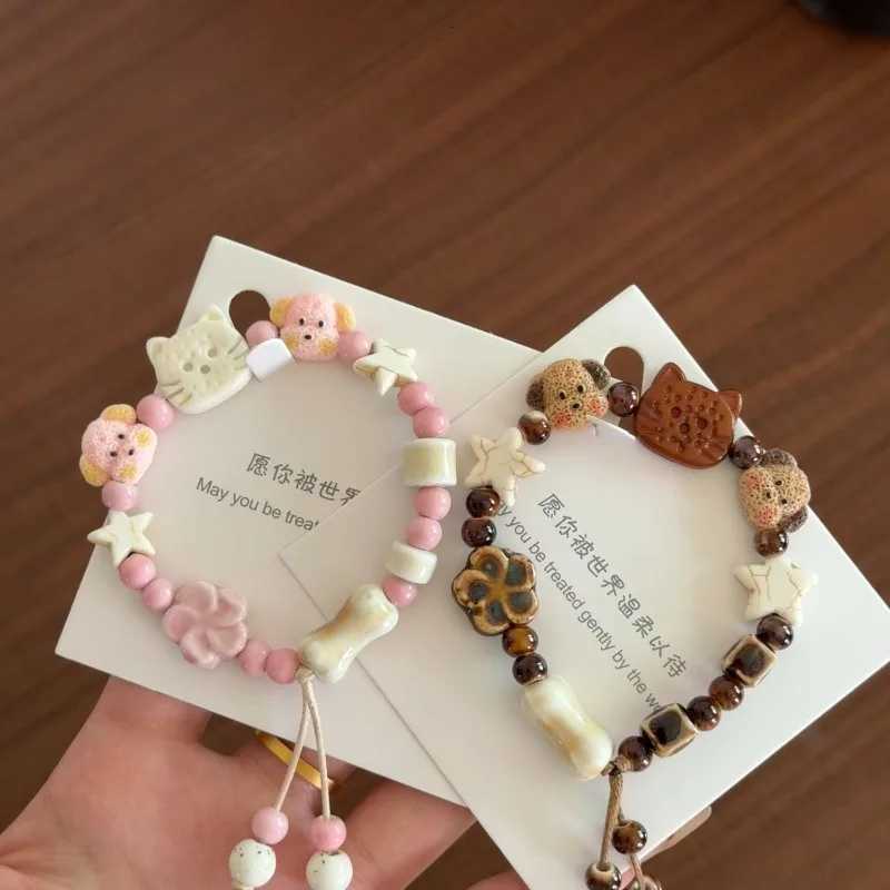 Cute Puppy and Cat Bracelets Ceramic Cartoon Couple and Best Friend Fresh and Sweet Bracelet Niche High-appearance-level Jewelry H260303