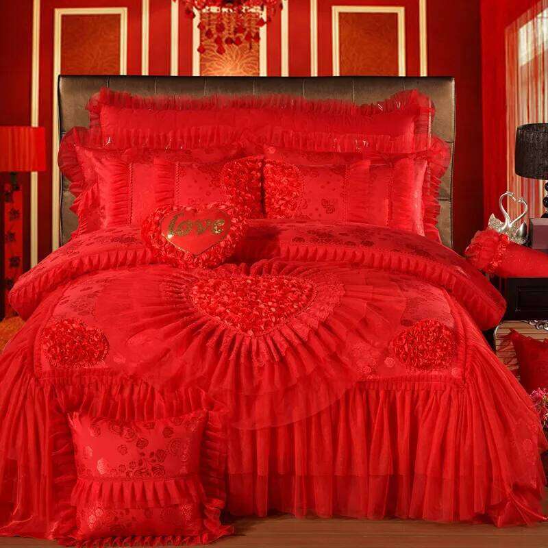 Red Jacquard Satin Cotton Bedding Set, Luxury Chinese Wedding Princess Heart-Shaped Lace Duvet Cover, Bed Sheet, Pillowcases W260302