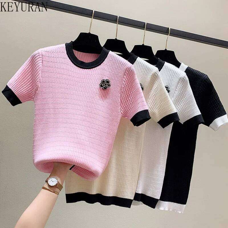 Beading Flower Thin Short Sleeve Sweater Women Knitted T-Shirt Korean O-Neck Office Lady Elegant Black White Pullover Jumper Top