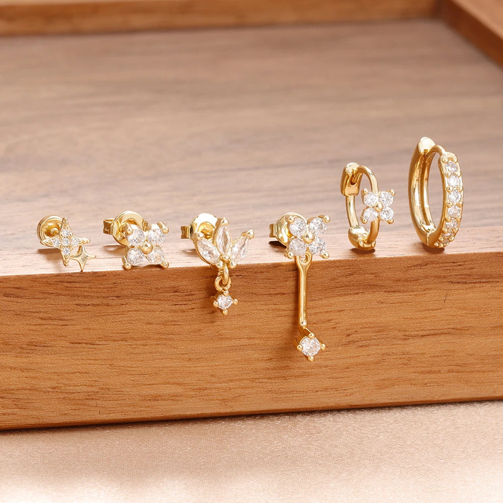 6PCS Fashion Cute Zircon Flower Ear Stud For Women Fashion 18K Gold Plated Star Ear Stud Earring Piercing Girl Set Jewelry Gift 260302