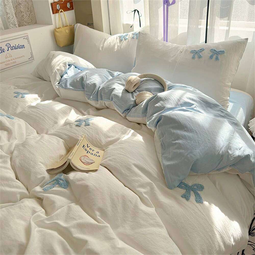 Ins Style Girl Blue 1.5m/1.8m Fitted Bow Towel Bedding Embroidery Washed Cotton Four-piece Set Bed Sheet Three-piece W260302
