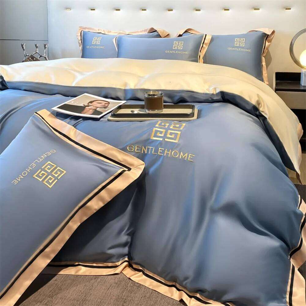 Luxury Embroidery Four-Piece Washed Ice Silk Smooth Sleeping Naked Summer Duvet Cover Bed Sheet Pillowcases Bedding Set W260302