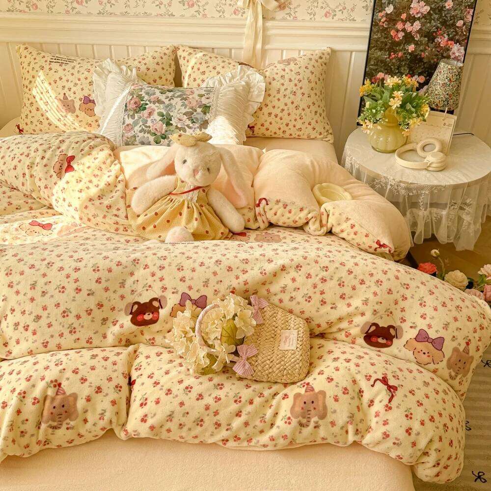 Printed Thicken Milk Coral Fleece Bedding Winter Comforte Warm Bedroom Decor Quilt Cover Bed Sheet Pillowcase Four-Piece Set W260302