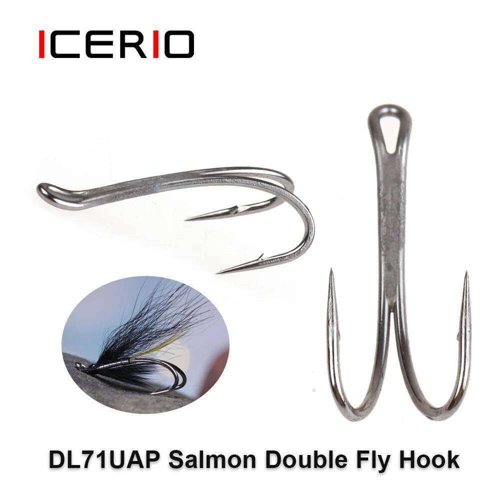 ICERIO 10PCS DL71UAP SALMON DOUBLE FLY HOOK 2X Strong, 1X Long Looped Up Eye Fly Tying Hook With Extreme Saltwater-resistance Z260228