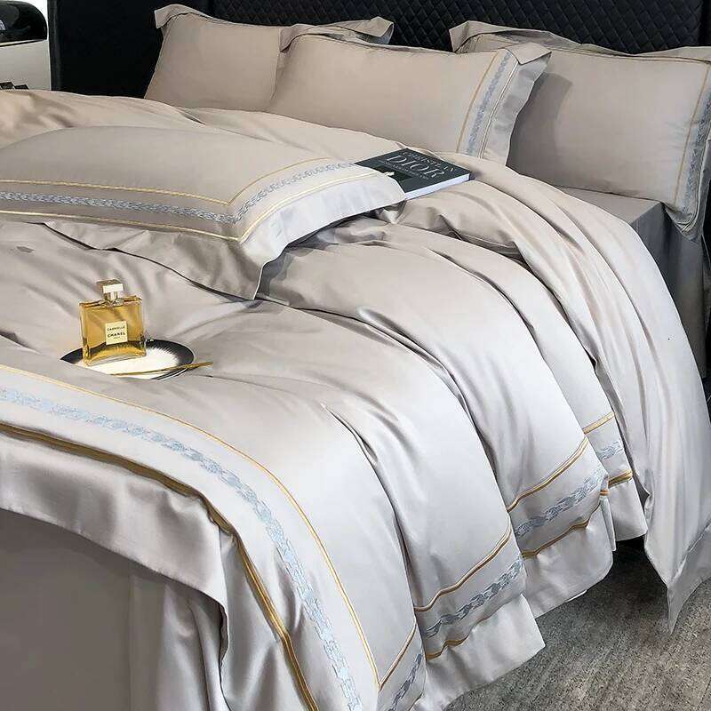 Grey Egyptian Cotton Bedding Set Luxury Golden Stripe Embroidery Duvet Cover Sets Fitted Bed Sheet Pillowcases Home Textile W260302