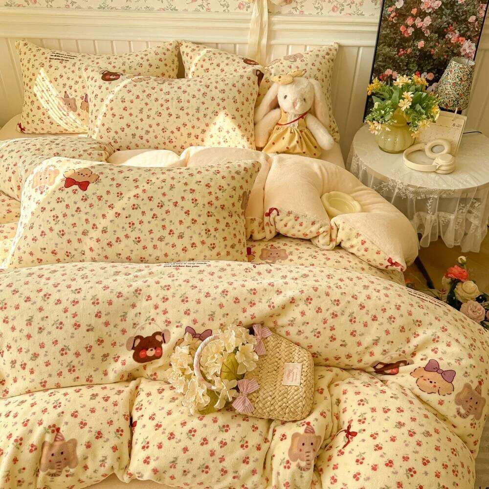 Printed Thicken Milk Coral Fleece Bedding Winter Comforte Warm Bedroom Decor Quilt Cover Bed Sheet Pillowcase Four-Piece Set W260302 W260302