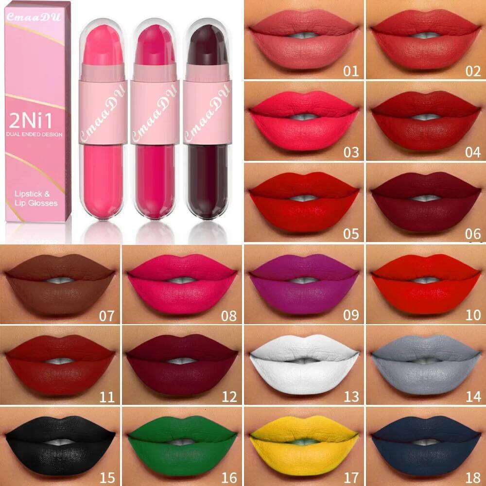 18Color 2In1 Matte Velvet Liquid Lipstick Double Head Sexy Red Purple LipGloss Moisturizing Lasting Waterproof Lip Glaze Make Up H260302