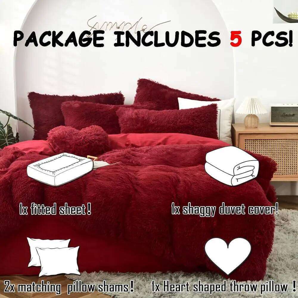 Red King Size Plush Shaggy Faux Fur Comforter Set with 5 Pieces: Velvet Quilt Cover, Pillowcases, and Fitted Sheets W260302