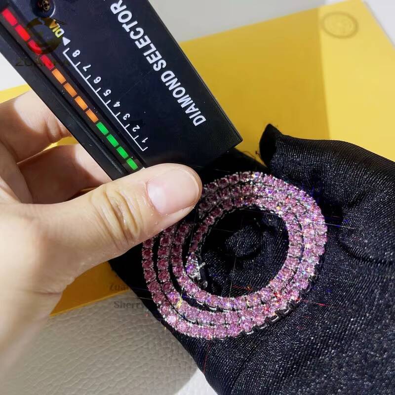 Custom Made Pass Diamond Tester Sterling Silver White Gold 3MM 4MM Pink Moissanite Tennis Chain