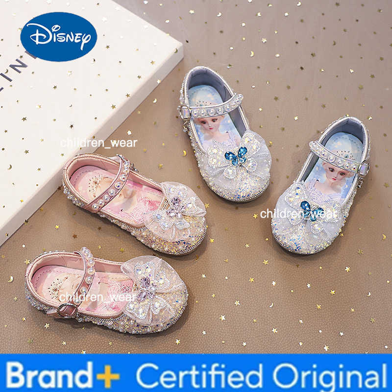 Disney Girls Sandals Cartoon Frozen Elsa Children Crystal Princess Shoes Spring Kids Bowknot Party Beach Soft Flat Glass Slippers H260303