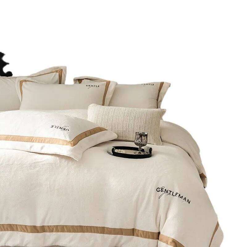 Customizable Nordic style milk embroidered four-piece set thickened double-sided fleece bed sheet quilt cover W260302