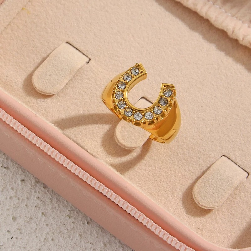 Women's Elegant U-Shaped Zircon Inlaid Ring Minimalist High-End Texture Open Adjustable Finger Ring Luxury Daily Party Banquet Premium Jewelry Gi