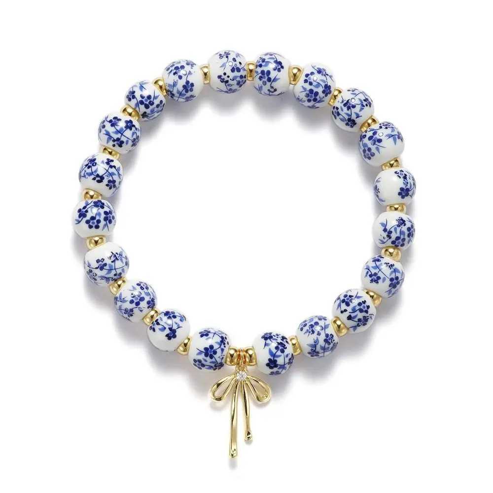 Elastic Blue and White Porcelain Bracelet Ceramics Metal Beads Bracelets Silver Antiquities New Chinese Style Bracelet H260303