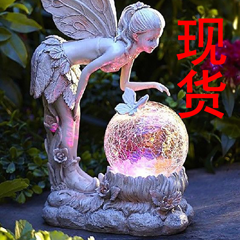 Flower Fairy Resin Ornament Outdoor Garden Angel Girl Sculpture Solar Powered LightUp Decorative Prop 211105