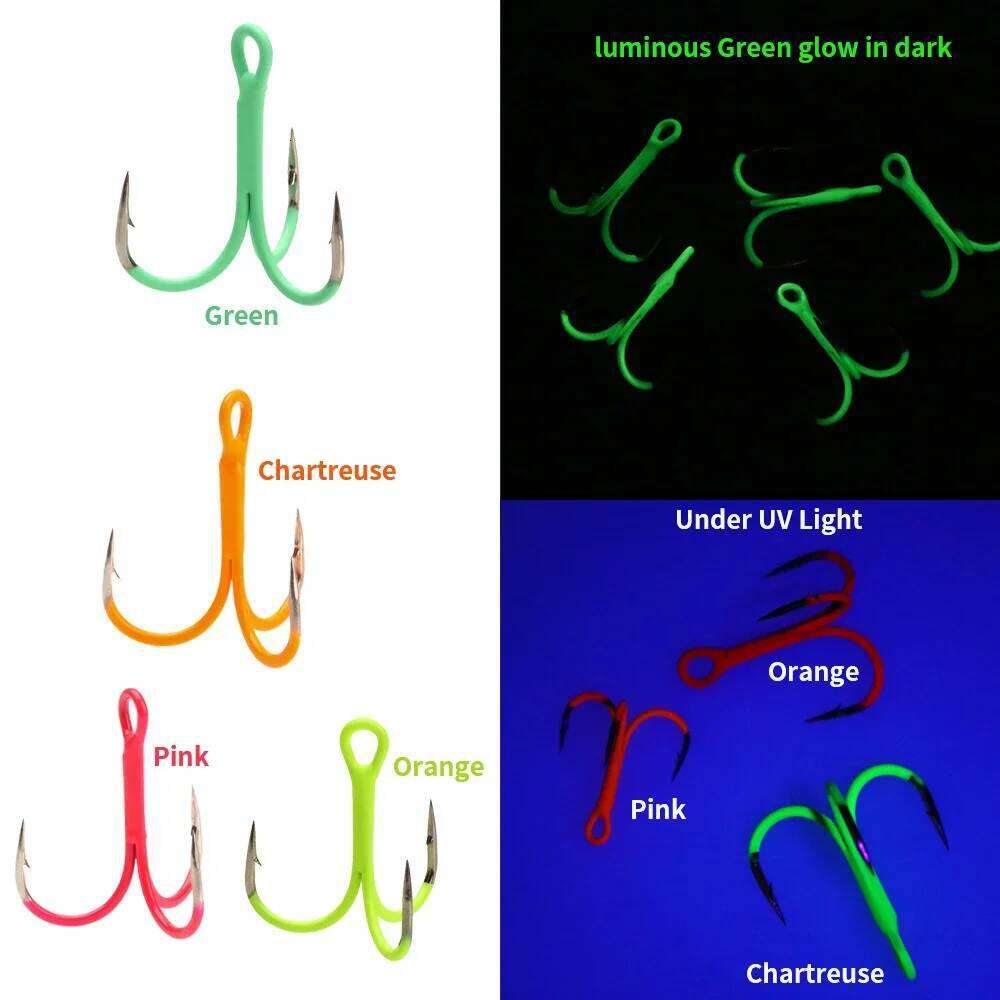 ICERIO 5/10pcs 14#-3/0# Fluorescent/Luminous Round Bent Inline Treble Hooks Saltwater Freshwater Fishing Lure Bait Triple Hook Z260228