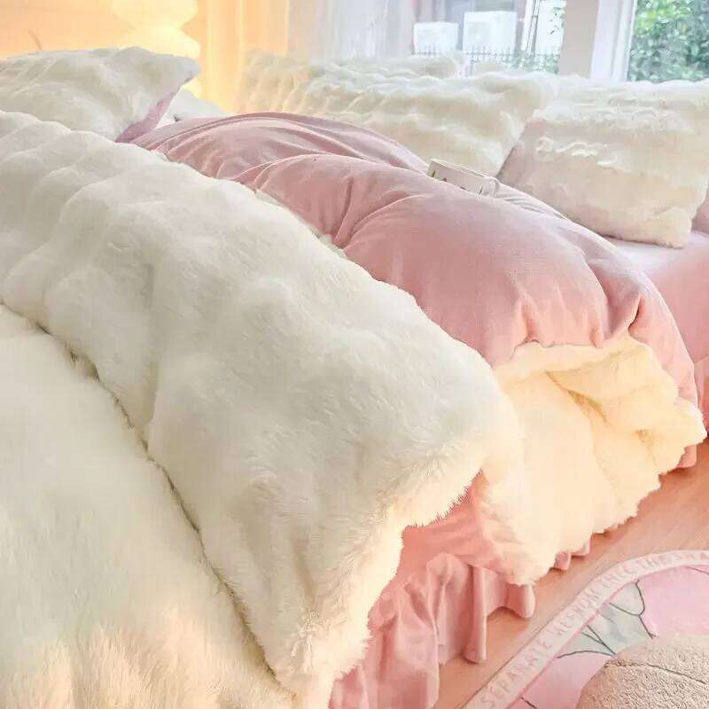 For Double-sided Milk Coral Flannel Bed Set Class A Thickened Rabbit Plush Quilt Cover Pillowcase Sheet Four-piece S W260302