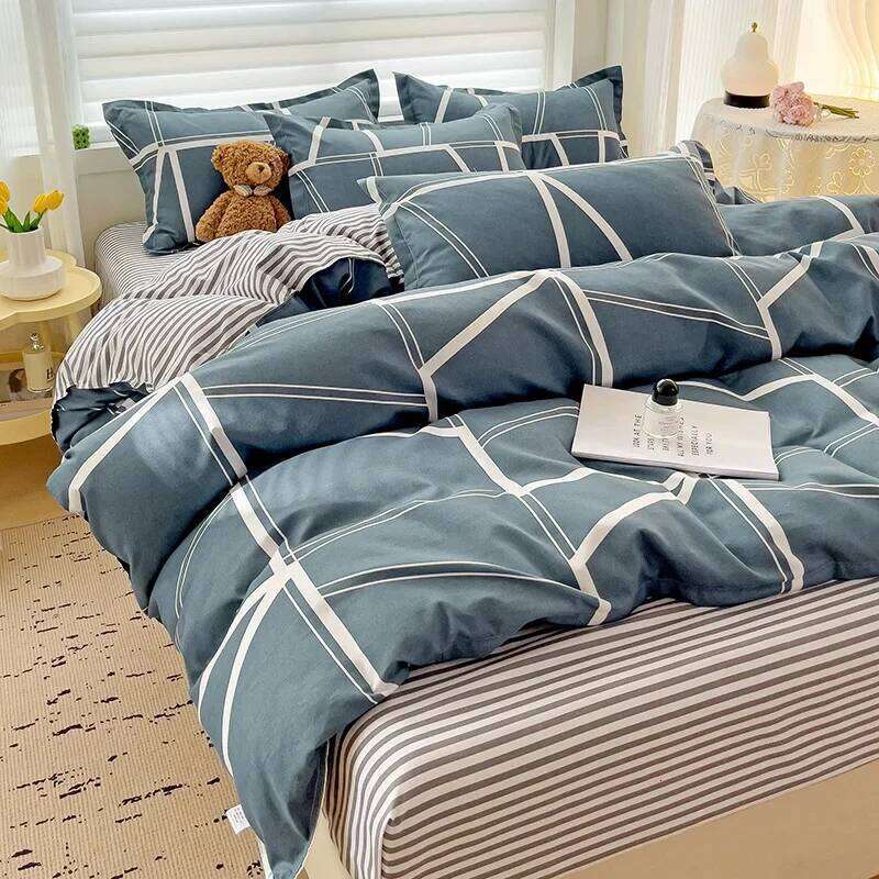 Piece, 100% Cotton Bedding 4 Piece Sheet Comforter Set, Simple Striped Check Couple Bed Quilt Set W260302