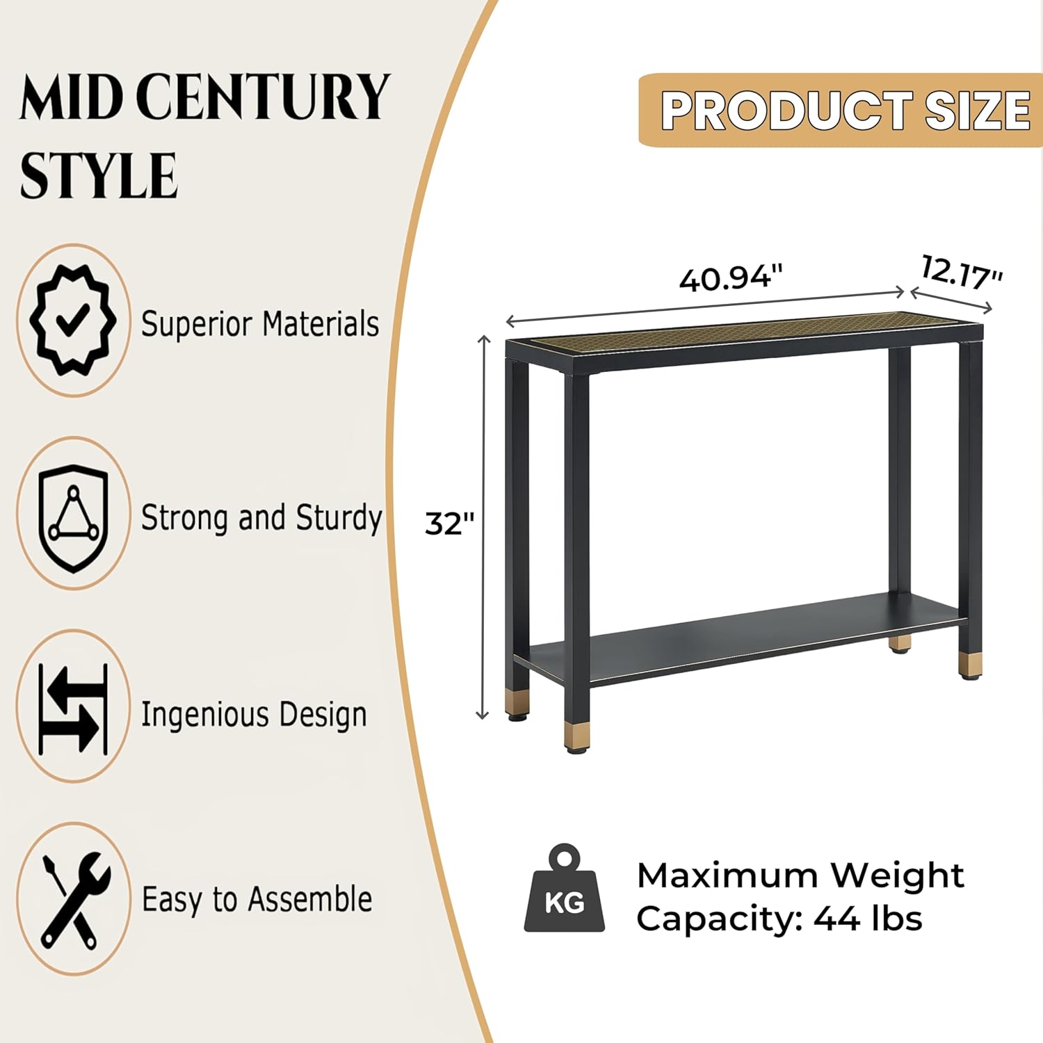 Glass Entryway Table 2-Tier Entry Way Console Entrance Table 41"L Narrow Sofa Table with Shelves Ideal for Hallway Entryway Living Room Foyer Cor