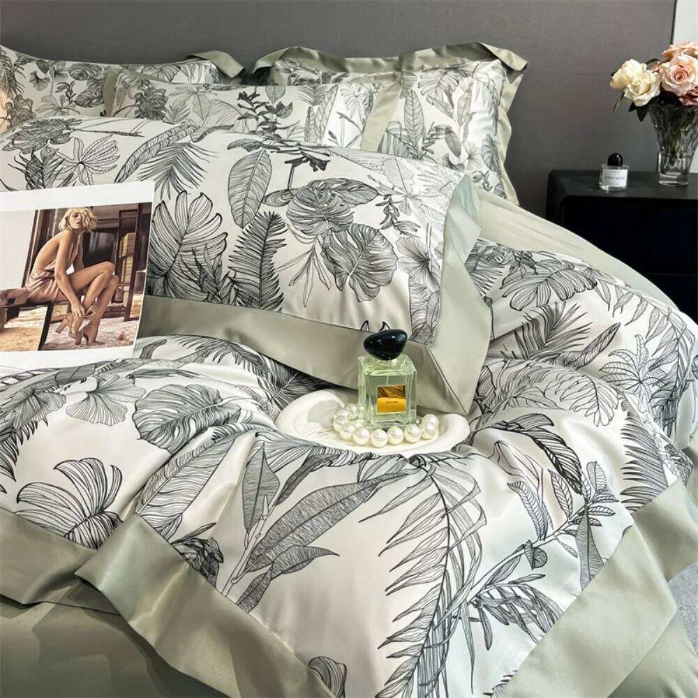 Light Luxury Duvet Satin Silk Cover Bed Sheet Pillowcase Queen King Size Four-Piece Silky Coolling Bedding Set W260302 W260302