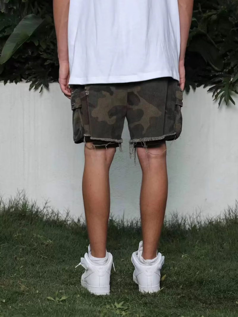 MIJKO Unisex Casual Camouflage Work Shorts Spring Summer Heavyweight Drawstring Splicing Design ZJ012