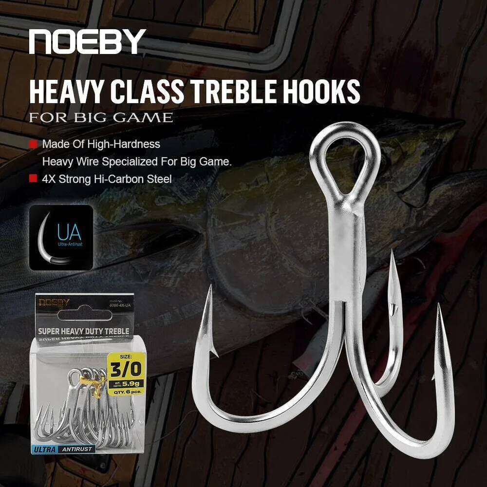 NOEBY Heavy Class Treble Big Game Tackle 1/0 2/0 3/0 4/0 6066 4X Hi Carbon Steel Antirust Forged Shark Fishing Hook Z260228