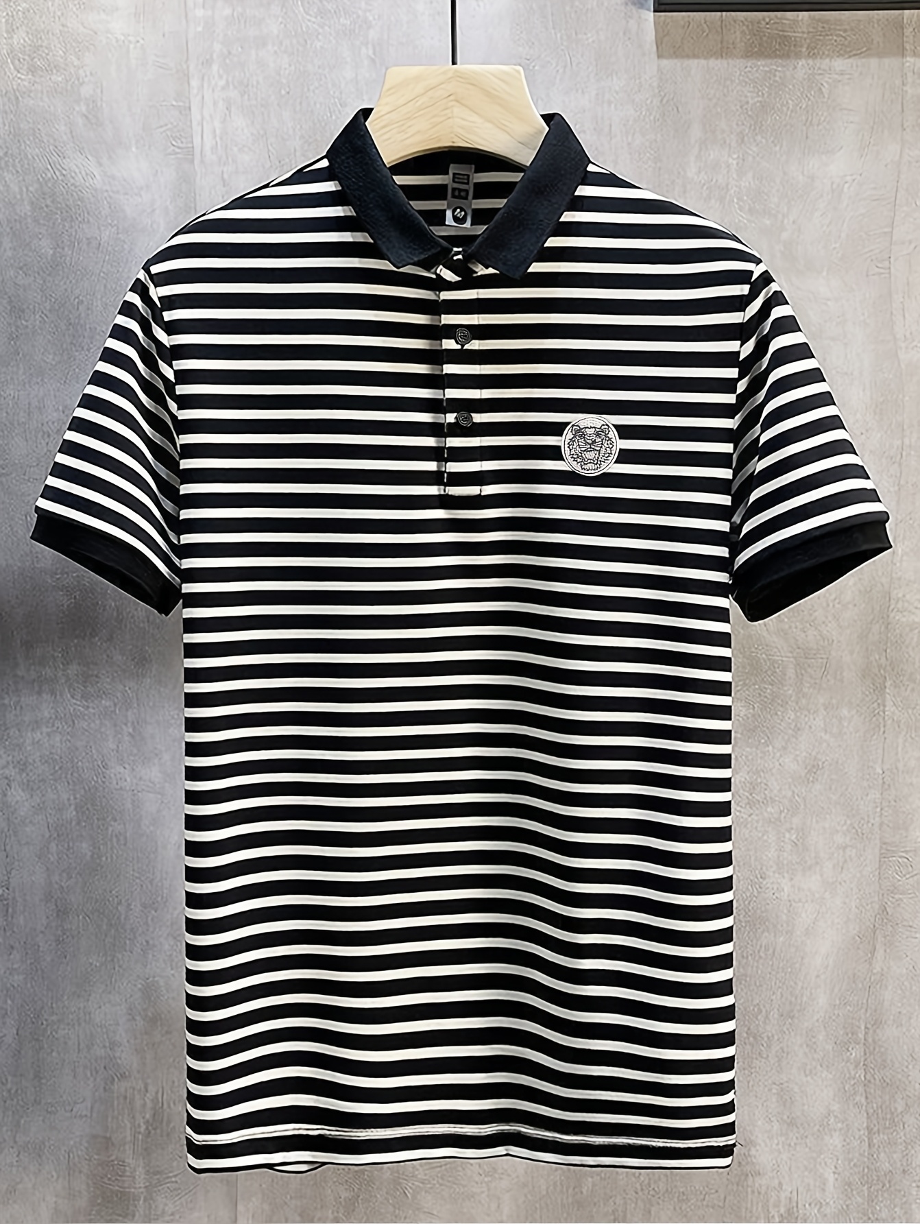Luxury Brand Designer Clothes Embroidered Striped Short Sleeve Polo Shirt | Casual Skinny Fit Men's T-Shirt, Medium Stretch Fabric, No Belt, Anim