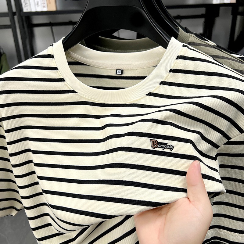 Luxury Brand Designer Clothes Striped Short-Sleeve T-Shirt For Men, 2025 Summer New Trendy Casual Versatile Tee Shirt, Round Neck Loose Half-Sleeve To