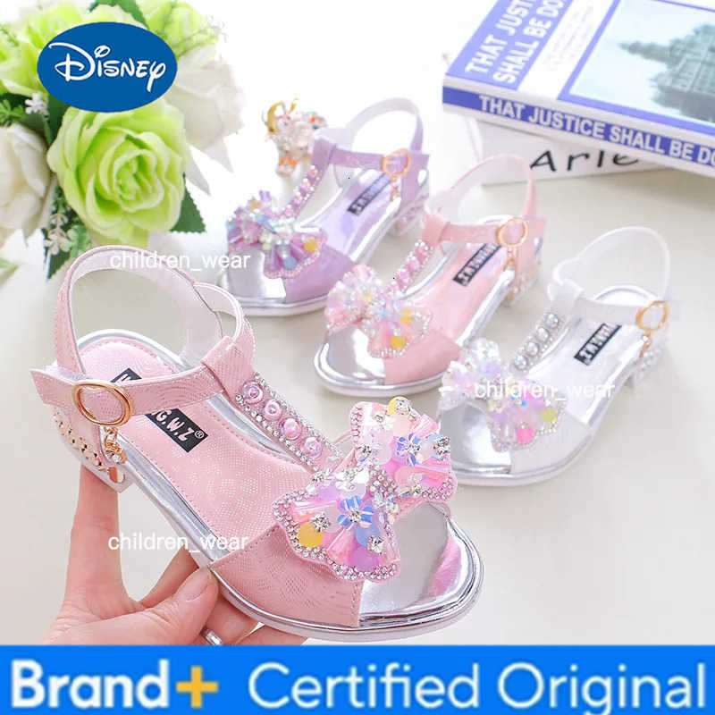 Disney Girls Dance Shoes Non-slip Soft Sole Kids Princess Shoes T-strap Open Toes 2025 Summer New Children Sandals Sweet Bows Non-slip H260303