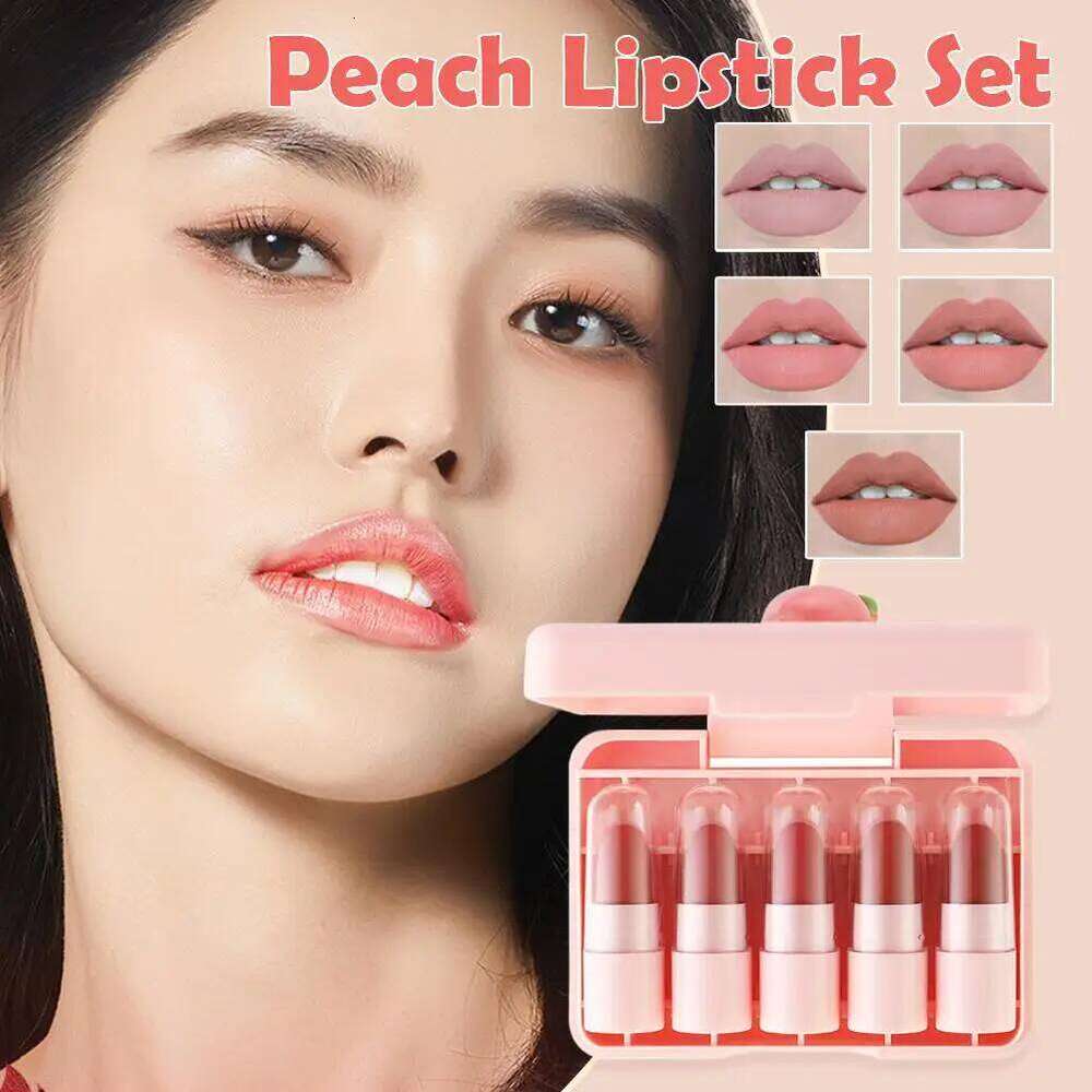 5Pcs Peach Tint Set Cute Matte Lipsticks Waterproof Long-lasting Non Stick Cup Mini Lip Gloss Lipstick Makeup Gift H260302
