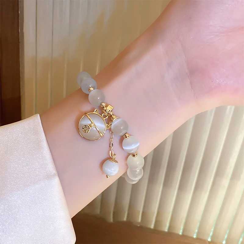 Exquisite Opal Beaded Bracelet For Women Elegant Lucky Cat Pendant Elastic Bracelets Fashion Light Luxury Jewelry Girls Gifts H260303
