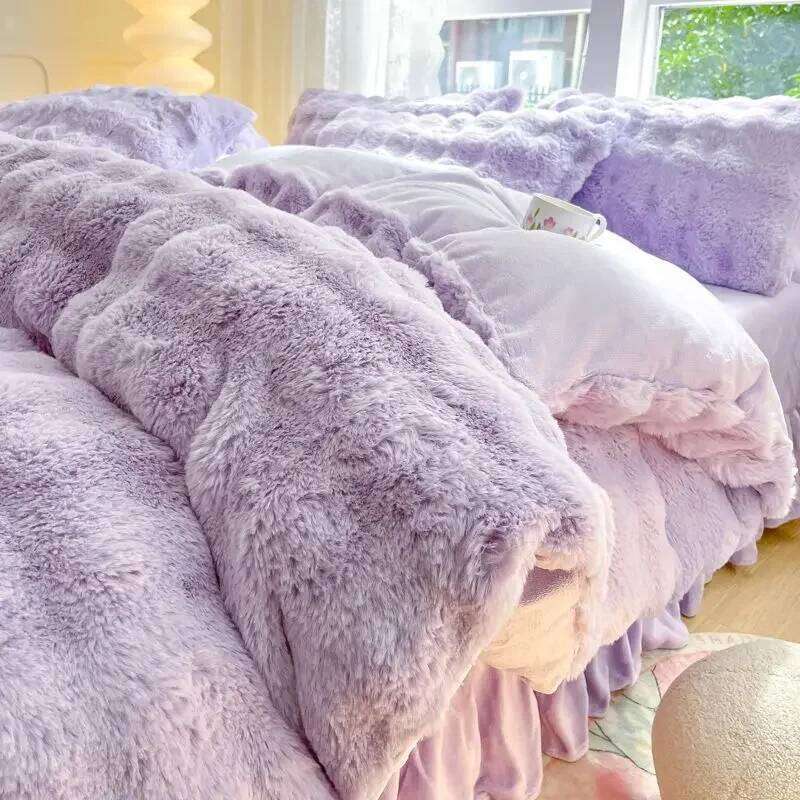 For Double-sided Milk Coral Flannel Bed Set Class A Thickened Rabbit Plush Quilt Cover Pillowcase Sheet Four-piece S W260302