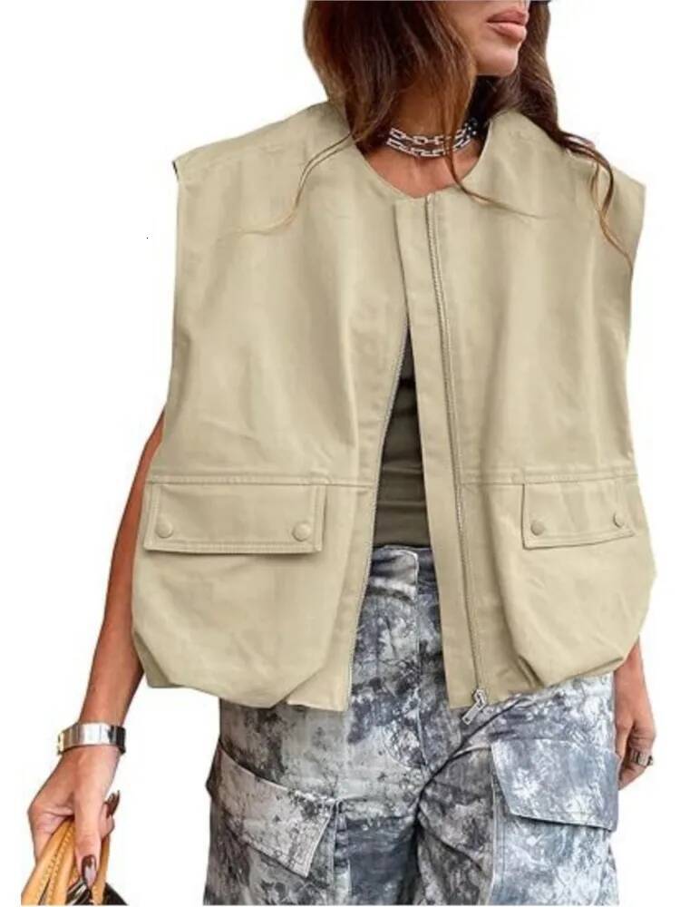 Women's Zip Up Vest Fashion Sleeveless Loose Jacket Solid Color Oversized Jackets 2025 Spring Autumn Casual Street Style Tops dongdumaoyi