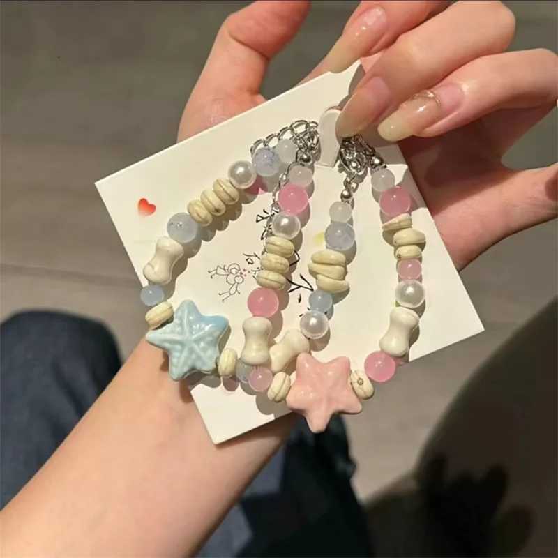 Korean Sweet Ceramic Starfish Bracelets for Women Girls Handmade Pink Blue Beaded Bracelet Aesthetic Y2K Jewelry Friendship Gift H260303