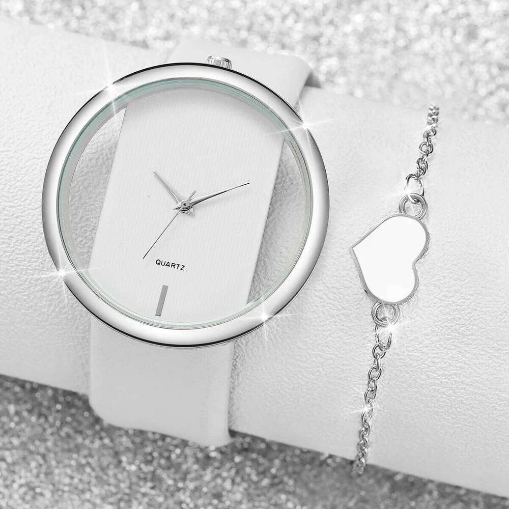 2PCS/Set Women's Hollow Out Fashion Quartz Analog PU Leather Wrist Watch with Heart Bracelet XJ260303