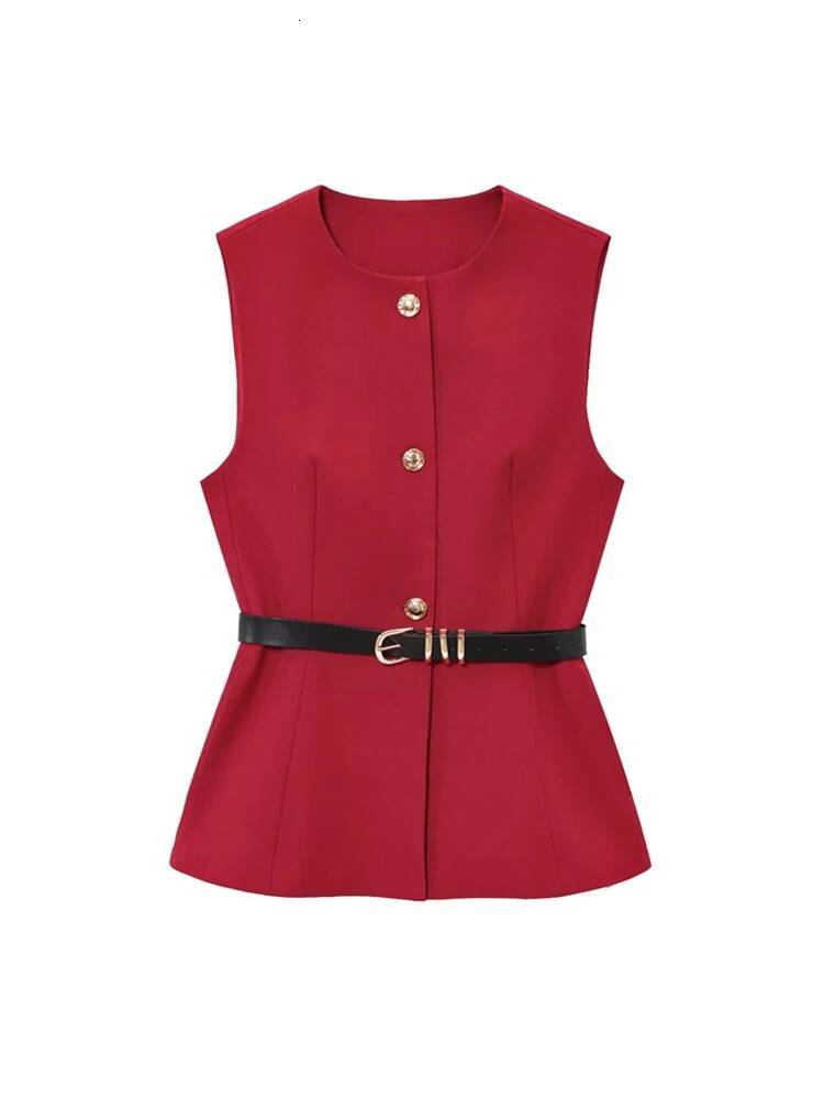 Women's Long Waistcoat with Belt, Front Gold Button, O Neck Sleeveless Vest, Female Outerwear, Chic Tops, Fashion dongdumaoyi