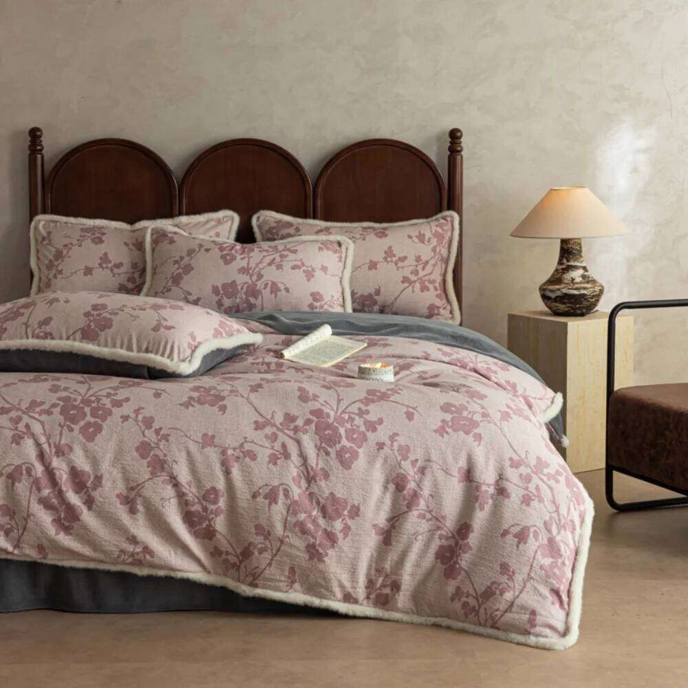 Retro Cotton Linen Thickened Milk Velvet Four-Piece Winter Warm Bedding Set Floral Printed Quilt Cover Pillowcase Bed Sheet W260302