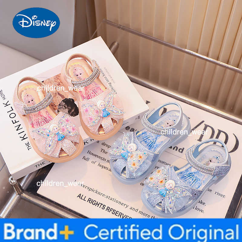 Disney Sandals Girls Princess PU Leather Summer Fashion Crystal Sequin Flat Bottom Shoes For Breathable Anti-slip Blue Pink Size 23-33 H260303