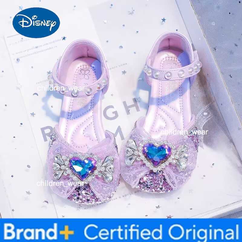 Disney KidsCasual Shoes Elsa Princess Frozen PU Leather Summer Shoes For Girls Sequin Bow Breathable Sliver Blue Purple Size 23-34 H260303