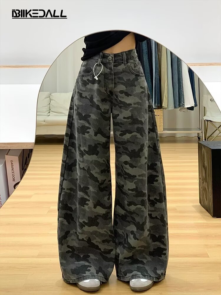 Americn High Street Cmouflge Wide-leg Crgo Pnts For Women Designer Pnts Winter Loose Stright Slimming Verstile Floor-length Denim Pnts