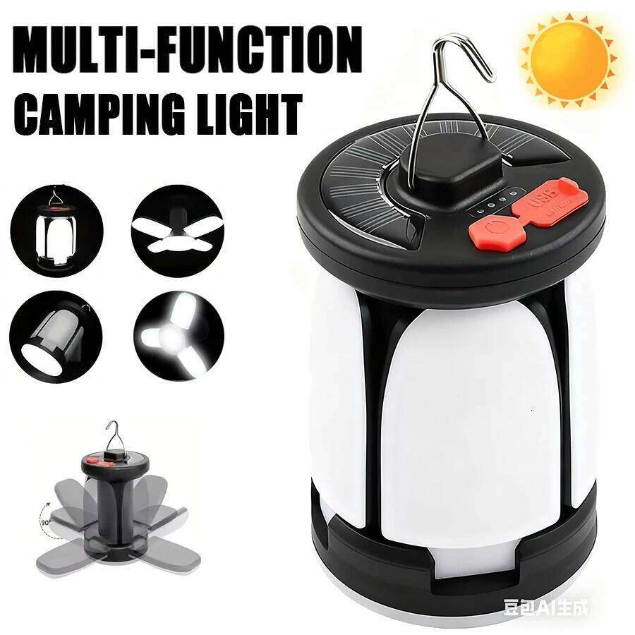 Solar LED Lantern Rechargeable Emergency Flashlight Portable Power Bank Foldable 6 Modes Tent Light for Outdoor Camping Fishing S260302