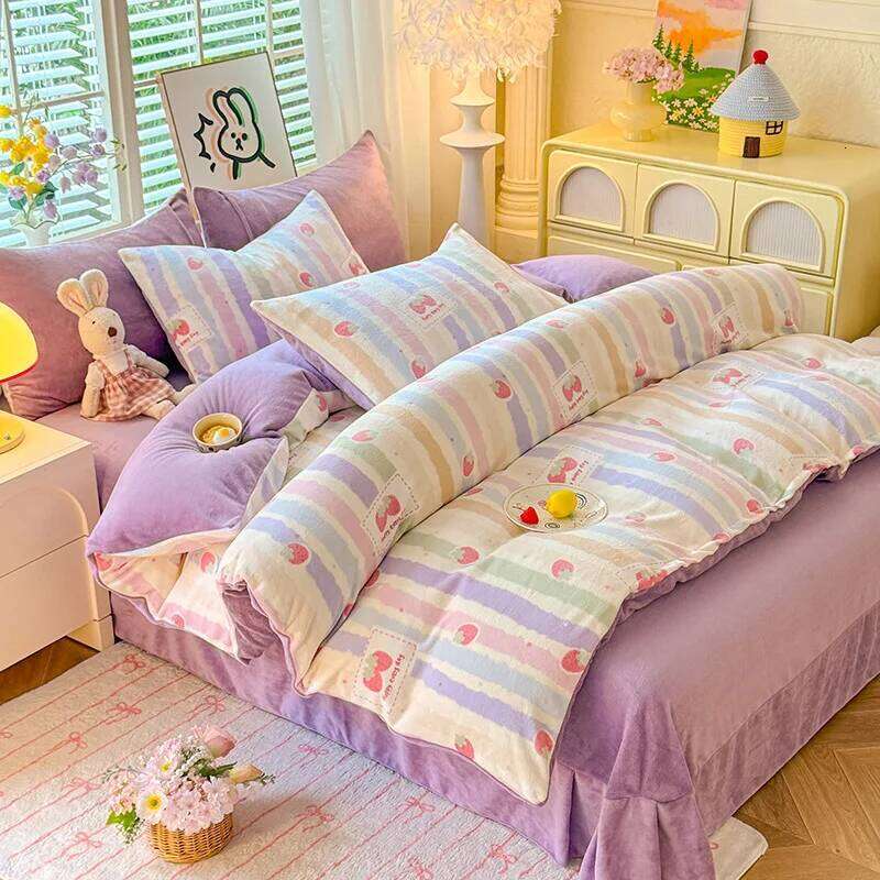 2025 Fall/Winter New Printed Small Fresh Style Milk Fleece Bed Sheet Four-Piece Student Dormitory Three-Piece Set W260302