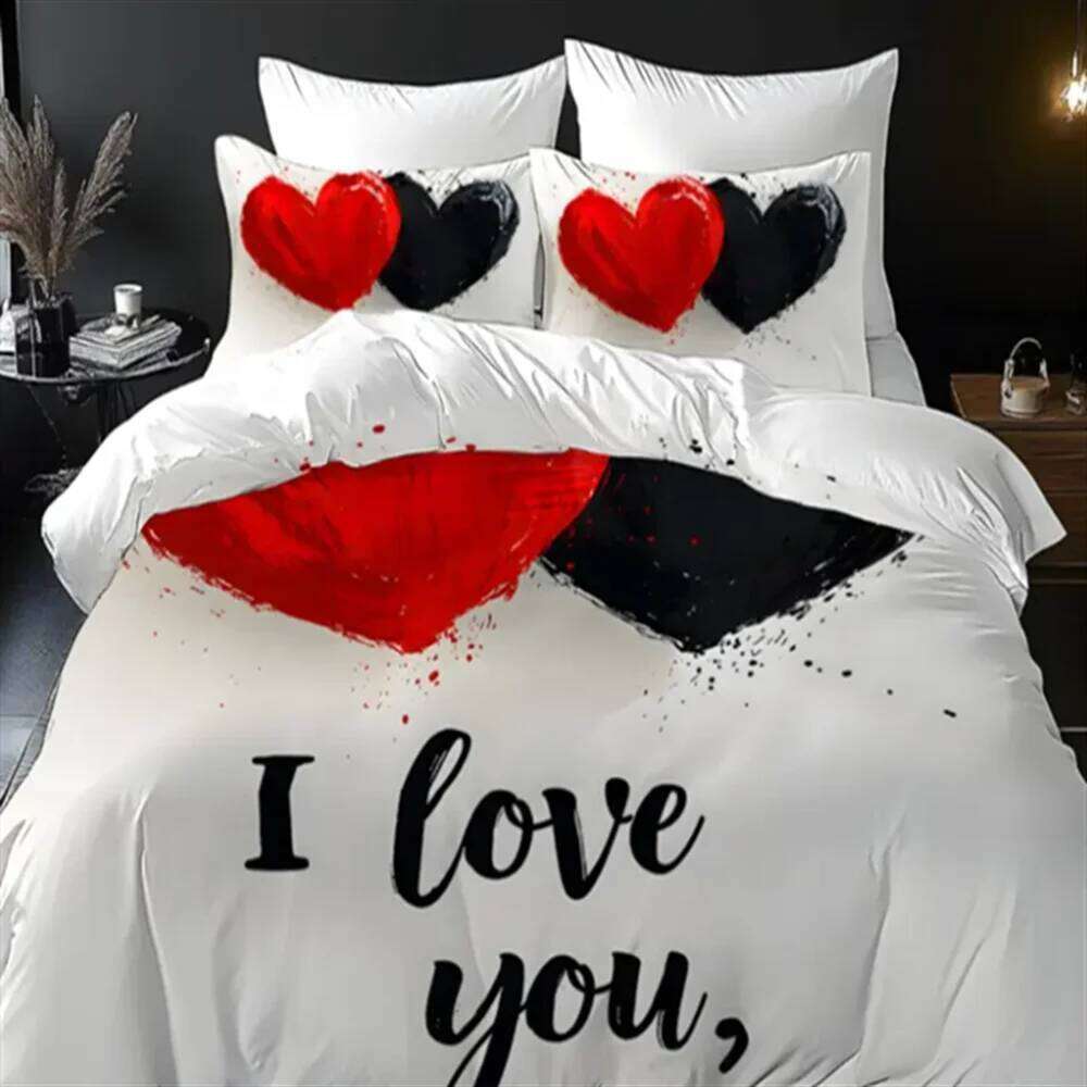 3D Love Heart Design Duvet Cover Set, 100% Polyester, Abstract Pattern, All-Season Soft Sanded Fabric Digital Bedding Set W260302
