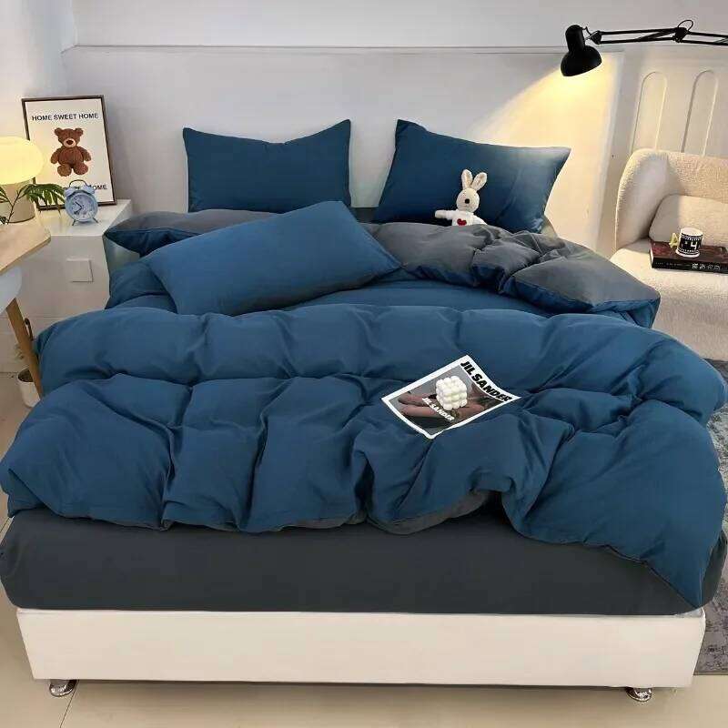 2025 new skin-friendly and comfortable washed cotton simple striped plaid color four-piece set, bed sheet kit W260302