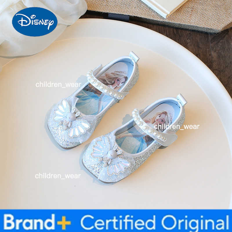 Disney Diseny KidsSandals Elsa Princess Frozen PU Leather Spring Pearl Bow Shoes For Girls Anti-slip Soft Bottom White Blue Size 23-35 H260303
