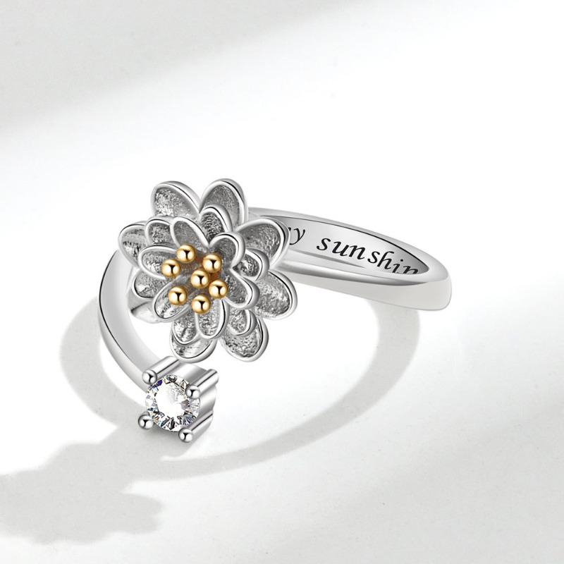 Designer Adjustable Open Ring for Women, Cute Spinning Daisy Fidget Ring, Shiny Zircon Inlaid, INS Style Minimalist Elegant Fashion Jewelry Gift
