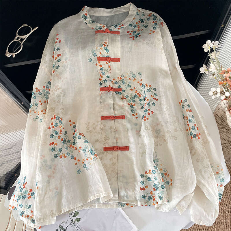 New 2026 Spring Summer Women's Chinese Sle Open Cardigan Coat Set Sun Protection Long Sve Loose Fit Printed Cotton Linen Summer shorts loose suit